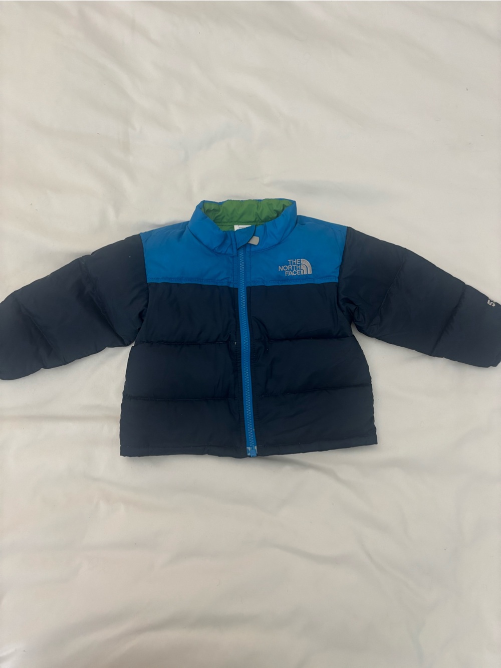 The North Face Kids Navy & Bright Blue Puffer Jacket with Green Hood Trim